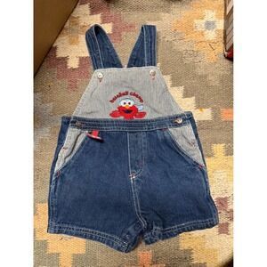 Vintage Sesame Street Elmo Denim Overalls 6-9M Baseball Champ Hickory Stripe